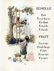 Letters E and F representing children baking oranges, late 19th century (chromolithograph)