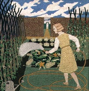 A woman watering the garden by Tirzah Ravilious