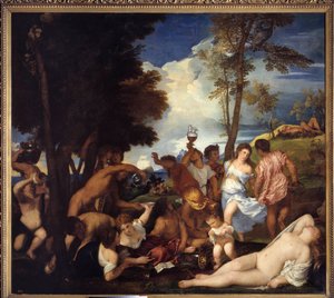 Arrival of Bacchus on Andros Island. Image depicting Fete of satires and bacchantes in honor of the divinity Bacchus. Painting by Tiziano Vecellio called the Titian by Tiziano Vecelli