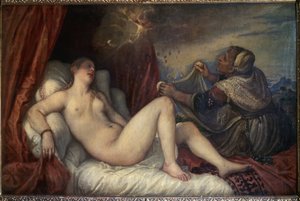 Danae. Greek mythology: Zeus presents himself to Danae in the form of a shower of gold coins to seduce her. Painting by Titian