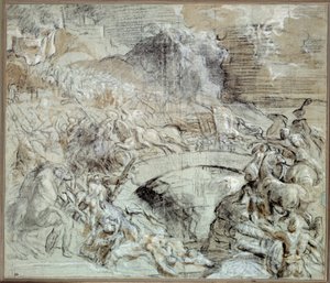 Wars of Italy: The Battle of Cadore - Battle that in circa 1508 the town of Pieve di Cadore allied with the Venetians with the troops of Maximilian I of Habsburg. Drawing with black stone and washing by Titian