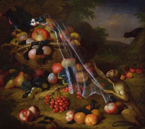 Mixed Fruit with a Monkey, a Parrot, a Jay and Two Finches in a Landscape