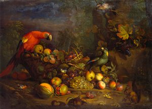 Parrots and Fruit with Other Birds and a Squirrel by Tobias Stranover