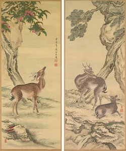 Symbols of Longevity: Deer under Peach and Pine
