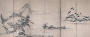 Travelers On A Lakeside Bridge by Toetsu Toetsu