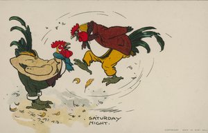 Saturday night, two chickens fighting by Tom Browne