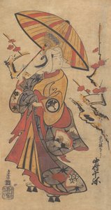 Actor Nakamura Senya as Tokonatsu in the Kabuki Play, The Legacy of the Three-Comma Family by Torii Kiyomasu I