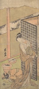 An Oiran in Night Attire, Pausing, with One Hand on the Screen that Surrounds Her Bed by Torii Kiyonaga