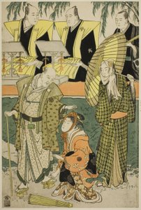 The Actors Bando Matakuro IV as Chubei, Osagawa Tsuneyo II as Umegawa, and Nakamura Katsugoro as Magoemon, in the play "Keisei Koibikyaku," performed at the Morita Theater in the fifth month, 1783 by Torii Kiyonaga