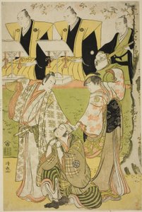 The Actors Ichikawa Monnosuke II as Munesada, Segawa Kikunojo III as the courtesan Sumizome, and Nakamura Nakazo I as Sekibei, in the play "Tsumoru Koi Yuki no Seki no To," performed at the Kiri Theater in the eleventh month, 1784 by Torii Kiyonaga