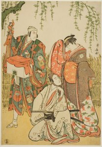 The Actors Ichikawa Yaozo III as Shiragiku, Ichikawa Danjuro V as the puppeteer Dekurokubei, and Sawamura Sojuro III as Soga no Juro, in the joruri 