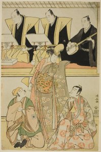 The Actors Nakayama Kojuro VI as Chidori, Sawamura Sojuro III as Shigemori, and Ichikawa Yaozo III as Yoshibei, in the Shosa "Fukyoku Edo Geisha," Performed at the Nakamura Theater in the Eleventh Month, 1785 by Torii Kiyonaga