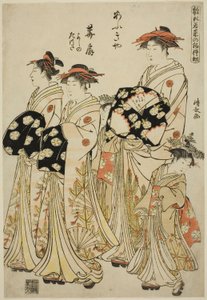The Courtesan Hanaogi of the Ogiya with Her Attendants Yoshino and Tatsuta, from the series "Models for Fashion: New Designs as Fresh as Young Leaves (Hinagata wakana no hatsu moyo)" by Torii Kiyonaga
