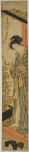 Woman Admiring Morning Glories while Brushing Her Teeth by Torii Kiyonaga