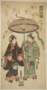 The Actor Sanogawa Ichimatsu I as Kumenosuke and Takinaka Hidematsu I as Oume, from Sharing an Umbrella: A Triptych by Torii Kiyonobu II
