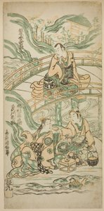 The Actors Matsumoto Koshiro II as Kumasaka Chohan, Ichimura Kamezo I as Ise no Saburo, and Sanogawa Ichimatsu I as Ushiwakamaru in the Play 