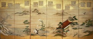 Six panel screen with birds and flowers of the twelve months
