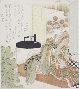 Courtesan sitting on a veranda next to a lantern
