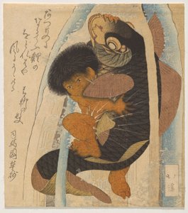 Kintarō Struggling with the Giant Carp by Totoya Hokkei