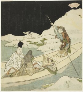Nobleman and court lady boating at night near a snow-covered shore