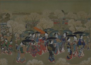 Beauties Viewing Cherry Blossoms at Sumida River by Toyohara Kunichika
