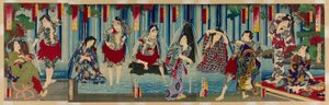 Kabuki Stars Before a Gracious Waterfall by Toyohara Kunichika