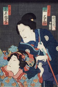 Onoe Baikō as the Younger Sister Benizara and Seki Sanjūrō as the Mother Kataomoi in the play Ichiban Norime Iki no Sashimono by Toyohara Kunichika