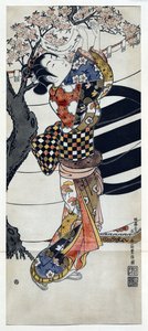 Japanese Woman Wearing a Kimono Hanging Poems in a Blossoming Cherry Tree