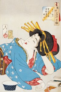 Moment of relaxation, Face of Kansei period Geisha from Kyoto, Illustration by Tsukioka Yoshitoshi from Thirty-two aspects of customs and manners, Japanese civilization