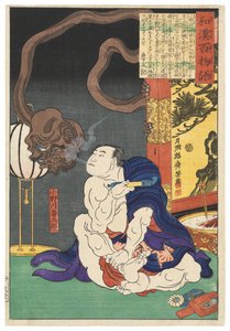 The Wrestler Onogawa Kisaburō Blowing Smoke at a One-Eyed Monster by Tsukioka Yoshitoshi