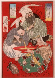 Tōbōsaku, Miura Yoshiaki the Tax Collector, and Urashima Tarō Drinking Wine by Tsukioka Yoshitoshi