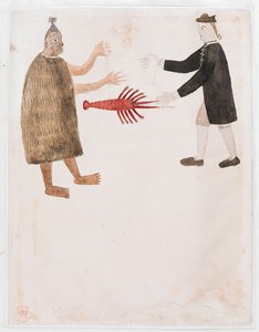 A Maori bartering a crayfish with an English naval officer, 