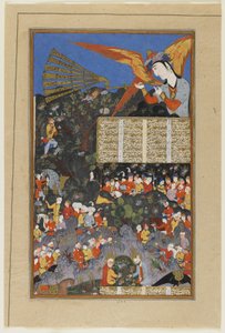 Iskandar encounters the Angel Israfel from a Shahnama