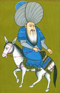 Nasreddin Hodja riding his horse backwards