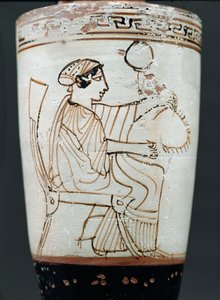 Attic white ground lekythos depicting a woman plaiting a wreath, c.475-420 BC by Tymbos Painter