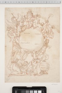 Various figures, including the Lion of St. Mark, a doge, and a woman beside a globe, supporting a large globe divided into four fields, marked with inscriptions such as "America Sett.", "America meridionale", "Asiaeropa" and "Africa"