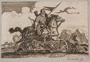 Ottoman Cavalryman with Lance and Bow. In the Background is a Cavalry Battle by Ubekendt