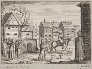 Russian Town with Men Gathered Around a Covered, Horse-Drawn Sleigh