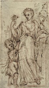 Woman with Bird in Her Right Hand and a Child Reaching for It by Ubekendt