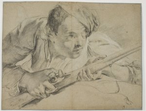 Hunter with a gun seen from the front by Ubekendt Ubekendt