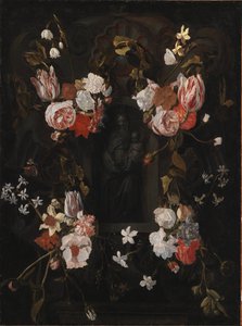 A Stone Cartouche with Virgin Mary and the Infant Christ in a Niche Encircled by a Garland of Flowers