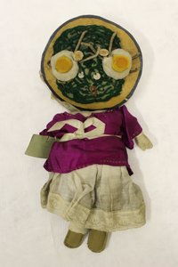 Miss Spinach rag doll, head in the shape of a plate of spinach and eggs
