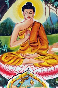 Wat Inpeng Buddhist Temple. Painting Depicting the Life Story of Shakyamuni Buddha. The Teaching Buddha Depicts a Particular Moment in the Life of the Buddha, Namely, the First Sermon the Buddha Gave After Reaching Enlightenment, Vientiane, Laos