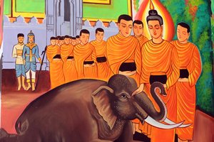 Wat Si Muang Buddhist Temple. Painting Depicting the Life Story of Shakyamuni Buddha. A Wild Elephant Tamed by Loving-Kindness, Vientiane, Laos by Unbekannt