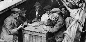 A Bargee and His Mates Play Dominoes in the Hold of a Canal Boat, 1926-1927