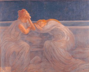 A Couple of Women Wearing Blue and Gray Gowns Sleep in the Night Leaning on a Balustrade and Sitting on a Bench by Unbekannt