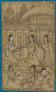 A Lady and Attendants Seated in a Courtyard by Unbekannt
