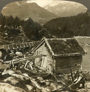 A Log-Built Mill and a Water-Wheel Grindstone, on Stalheims River, Naerodal, Norway by Unbekannt