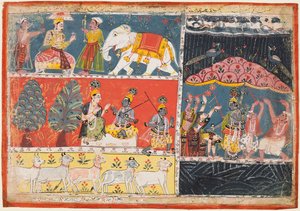 A Page from the Bhagavata Purana: Indra Sends a Torrent of Rain, Krishna Lifts Mt. Govardhana by Unbekannt