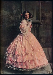 A Three-Flounced Ball-Dress of Pink Silk, with Overdress of White Flowered Gauze, 1850-60 by Unbekannt